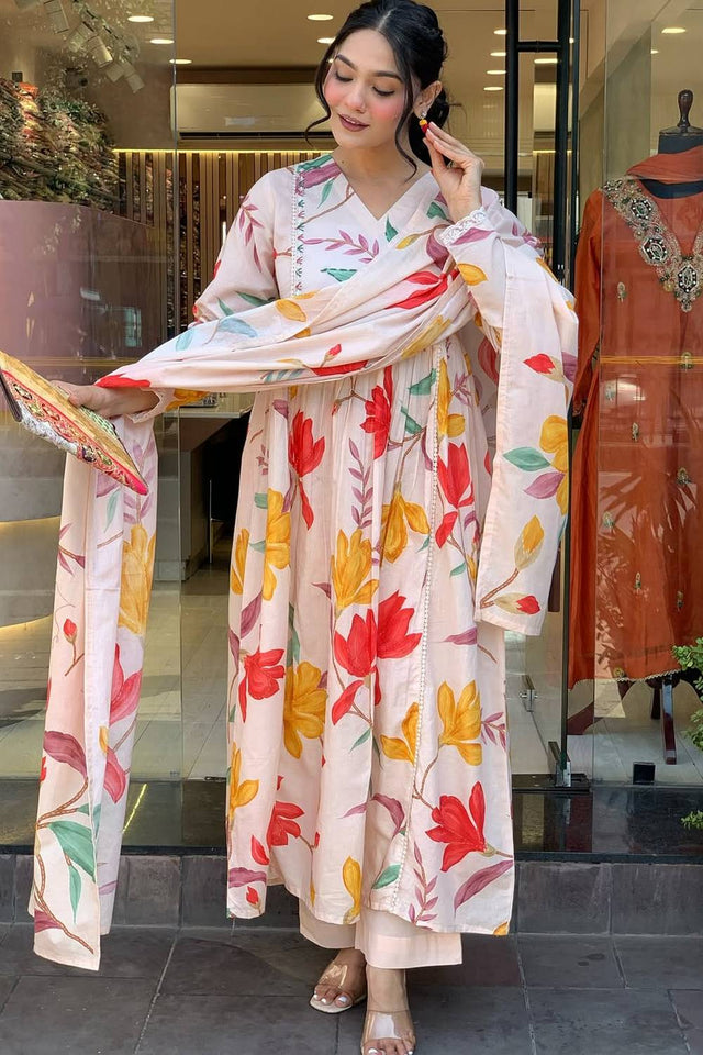 Multi-Color Floral Printed Cotton Anarkali Suit Set