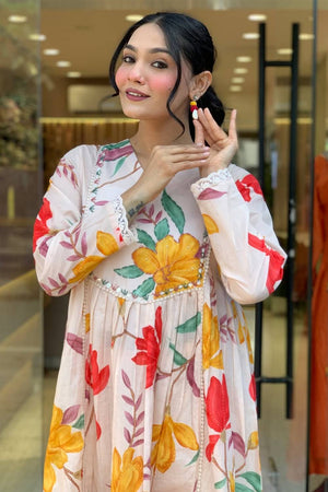 Multi-Color Floral Printed Cotton Anarkali Suit Set
