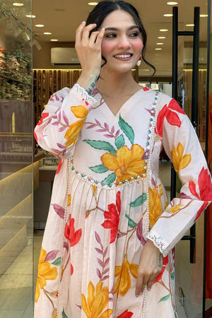 Multi-Color Floral Printed Cotton Anarkali Suit Set