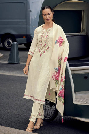 Off-White Embroidered Chanderi Kurti Pant Set
