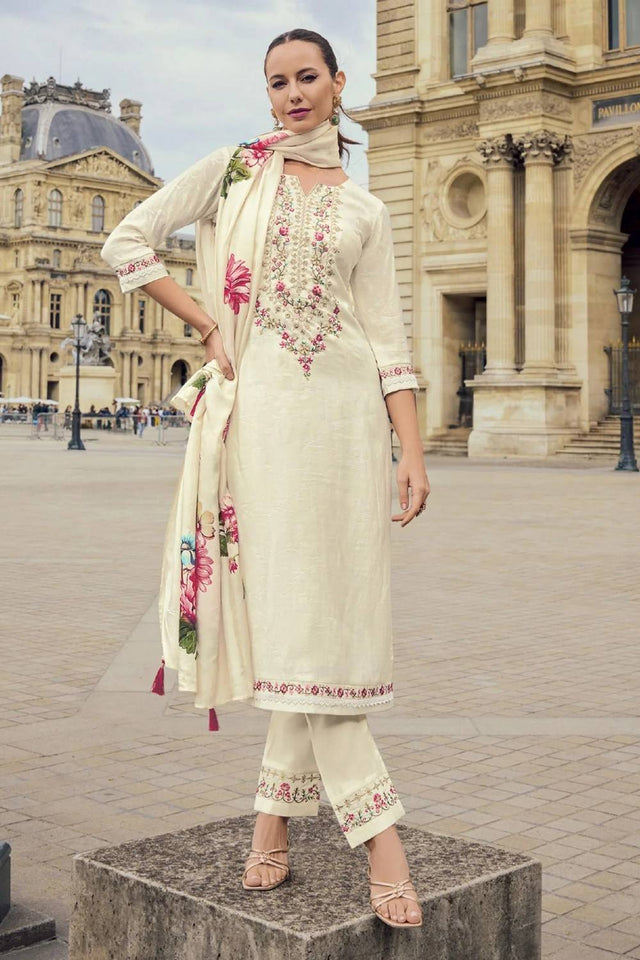 Off-White Embroidered Chanderi Kurti Pant Set