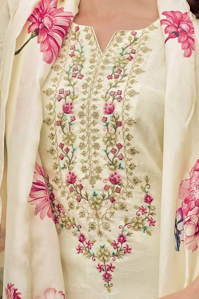 Off-White Embroidered Chanderi Kurti Pant Set