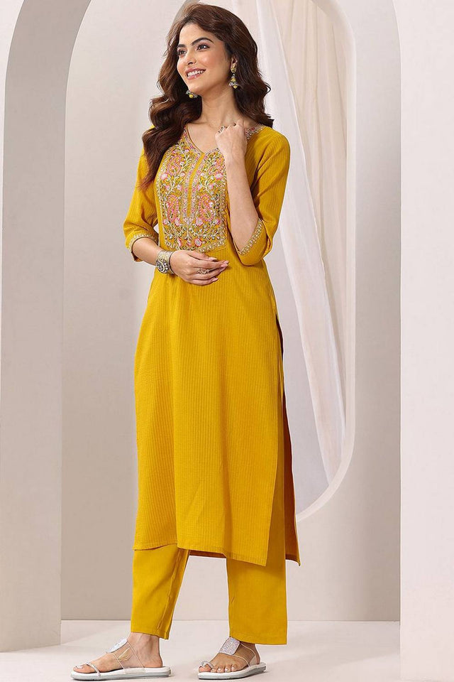 Mustard Floral Embroidered Rayon Kurti Pant Set