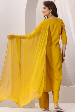 Mustard Floral Embroidered Rayon Kurti Pant Set