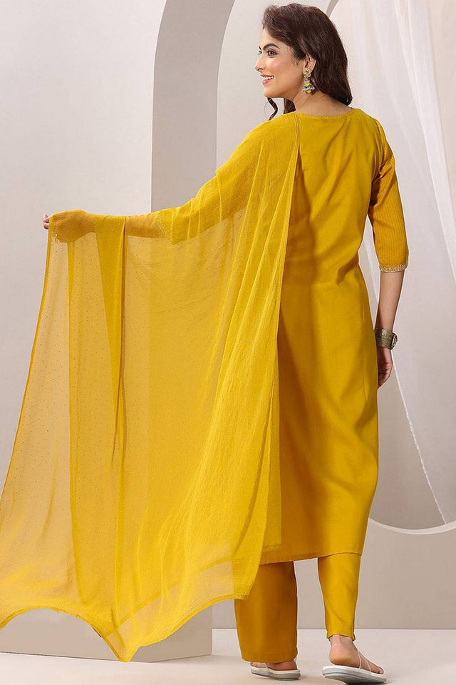 Mustard Floral Embroidered Rayon Kurti Pant Set