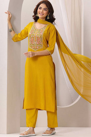 Mustard Floral Embroidered Rayon Kurti Pant Set