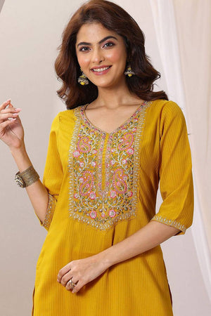 Mustard Floral Embroidered Rayon Kurti Pant Set