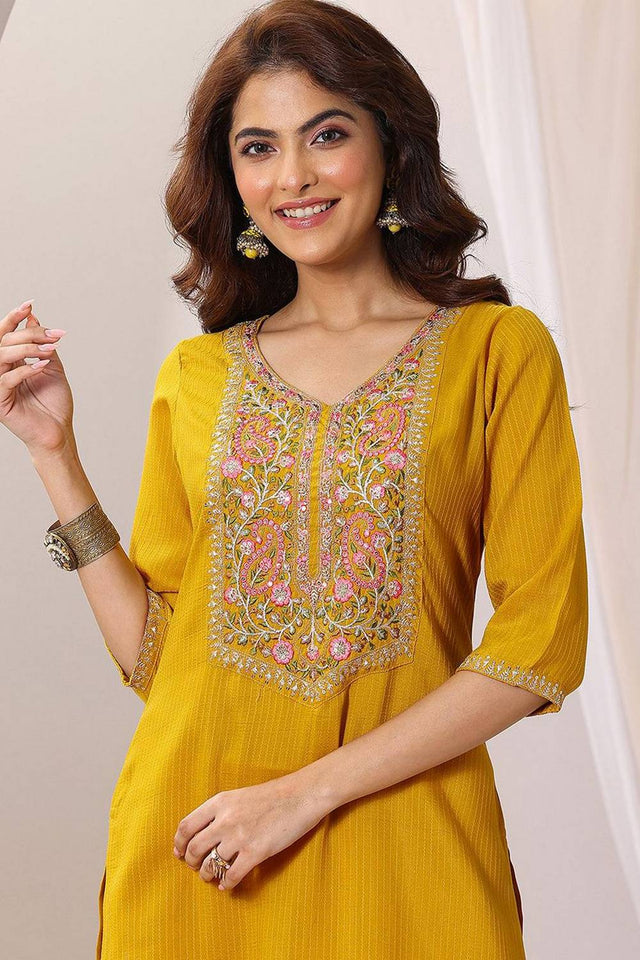 Mustard Floral Embroidered Rayon Kurti Pant Set