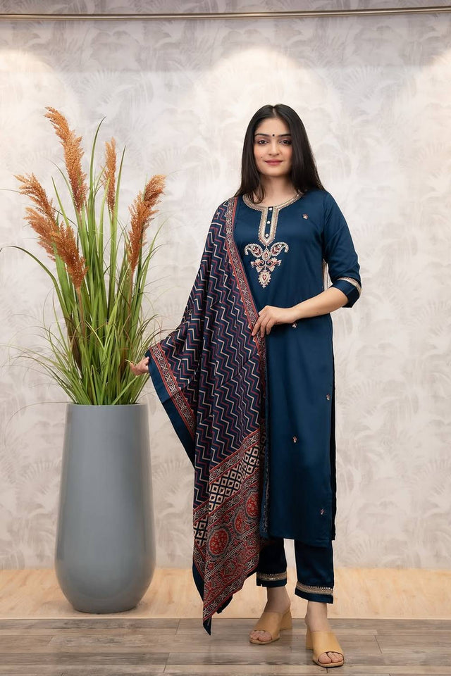 Turquoise Sequin with Embroidered Chanderi Kurti Pant Set
