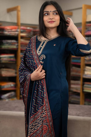 Turquoise Sequin with Embroidered Chanderi Kurti Pant Set