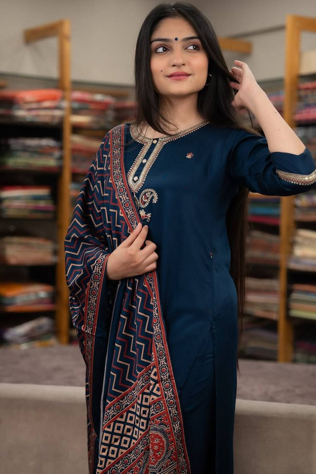 Turquoise Sequin with Embroidered Chanderi Kurti Pant Set