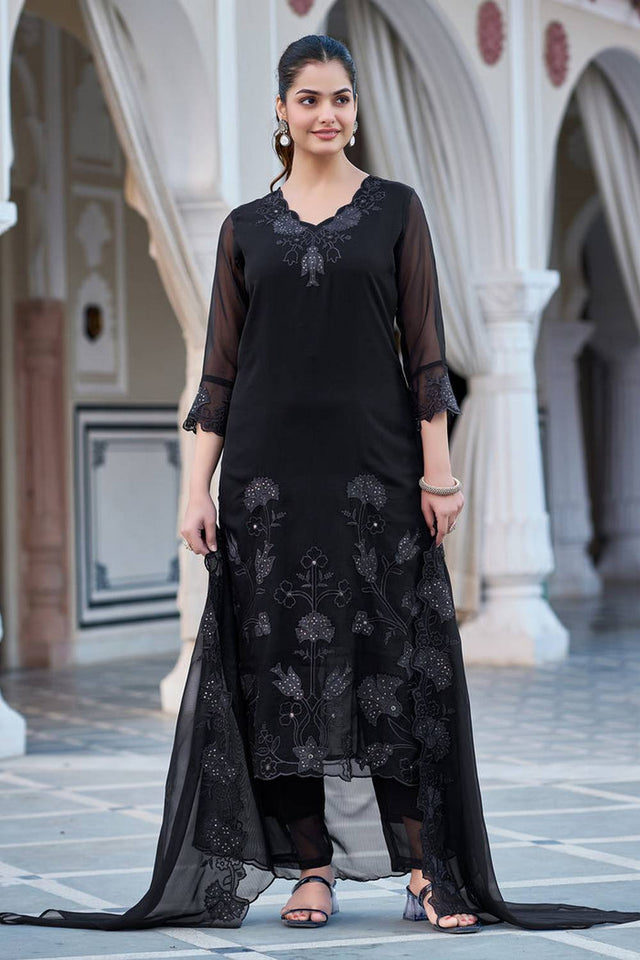 Black Sequin with Embroidered Georgette Kurti Pant Set