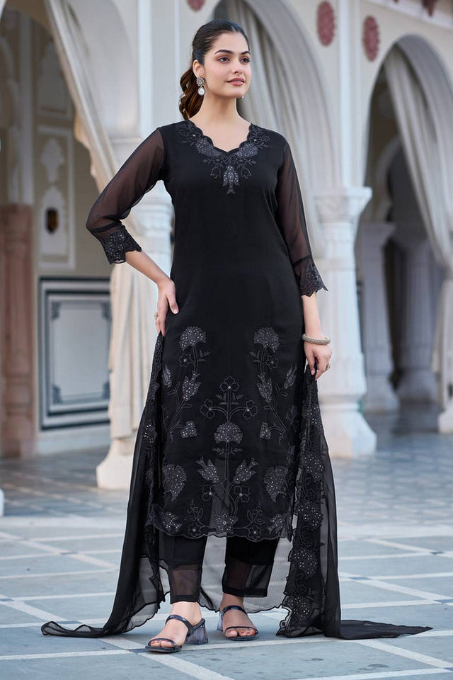 Black Sequin with Embroidered Georgette Kurti Pant Set