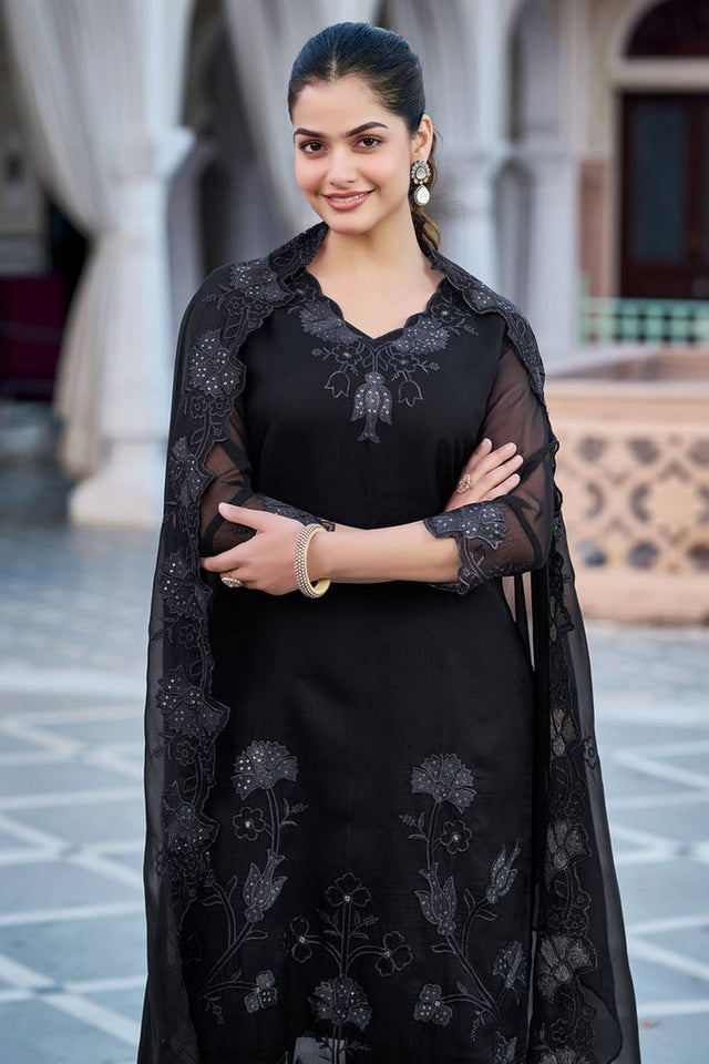 Black Sequin with Embroidered Georgette Kurti Pant Set