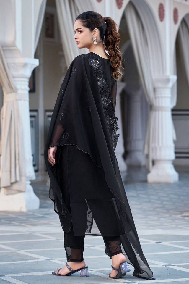 Black Sequin with Embroidered Georgette Kurti Pant Set