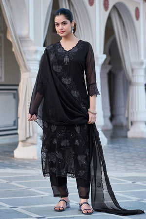 Black Sequin with Embroidered Georgette Kurti Pant Set