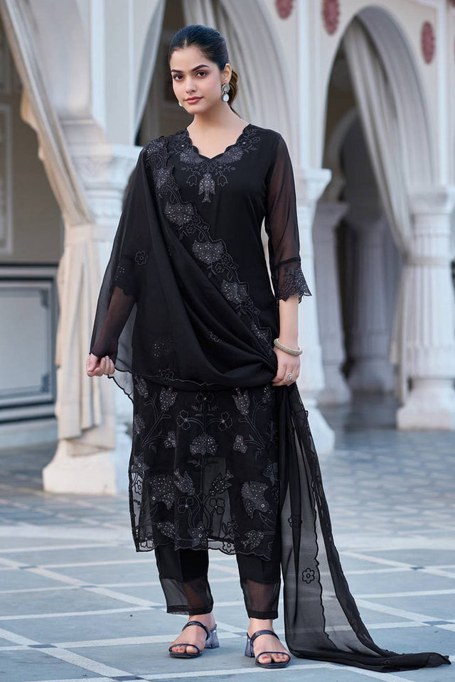 Black Sequin with Embroidered Georgette Kurti Pant Set