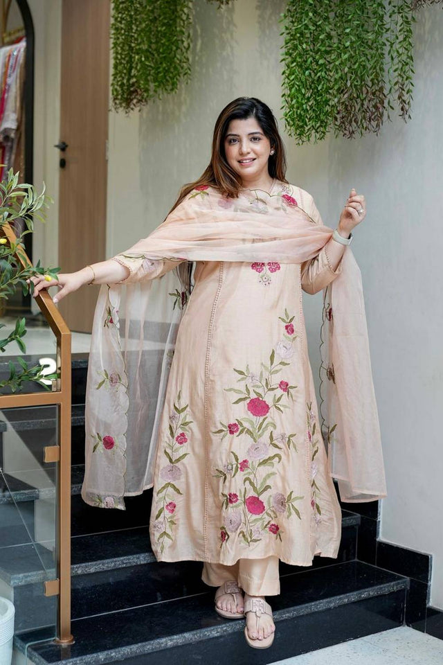 Beige Floral Embroidered Silk Anarkali Suit Set