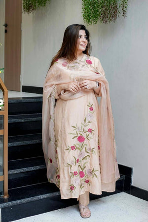 Beige Floral Embroidered Silk Anarkali Suit Set