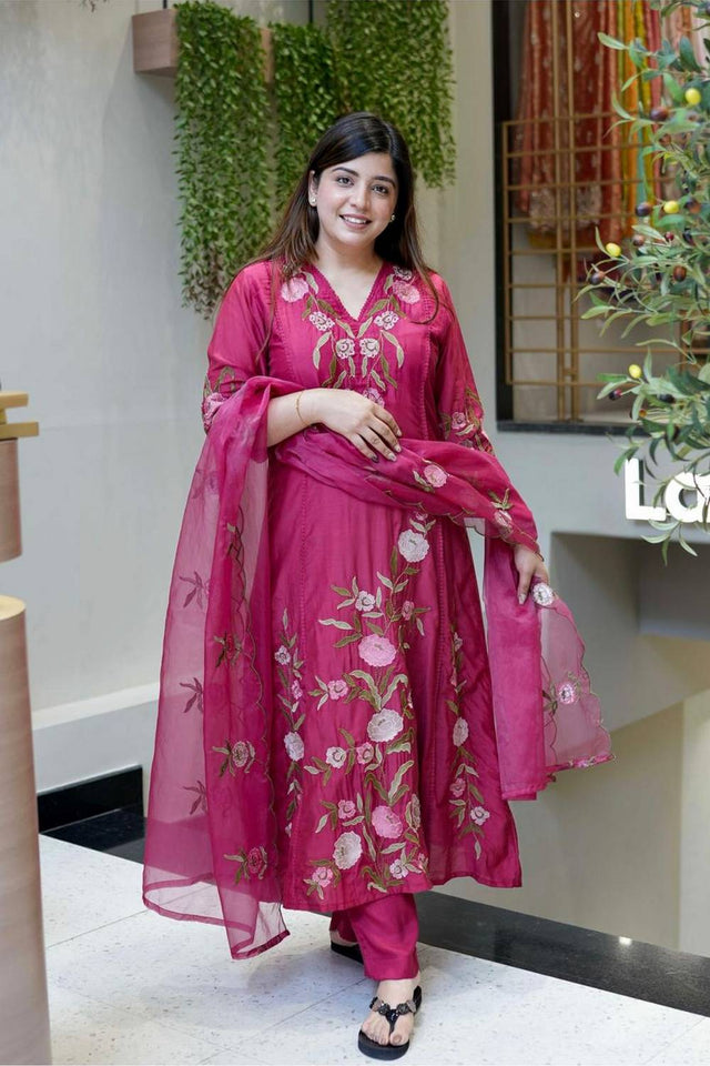 Wine Floral Embroidered Silk Anarkali Suit Set