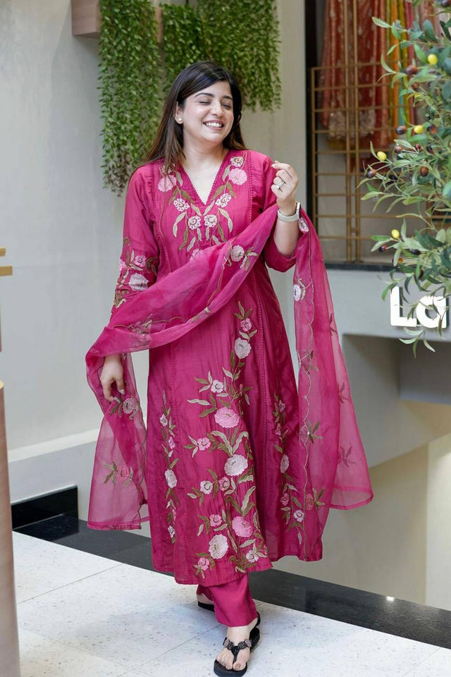 Wine Floral Embroidered Silk Anarkali Suit Set