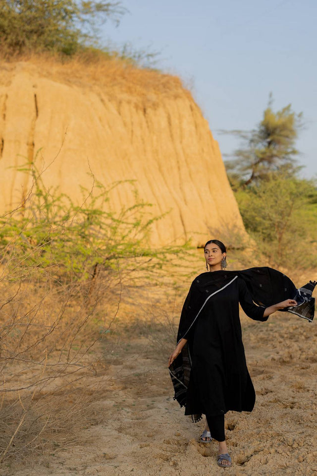 Black Solid Chanderi Kurti Pant Set