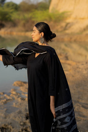 Black Solid Chanderi Kurti Pant Set