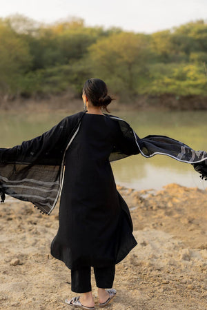 Black Solid Chanderi Kurti Pant Set