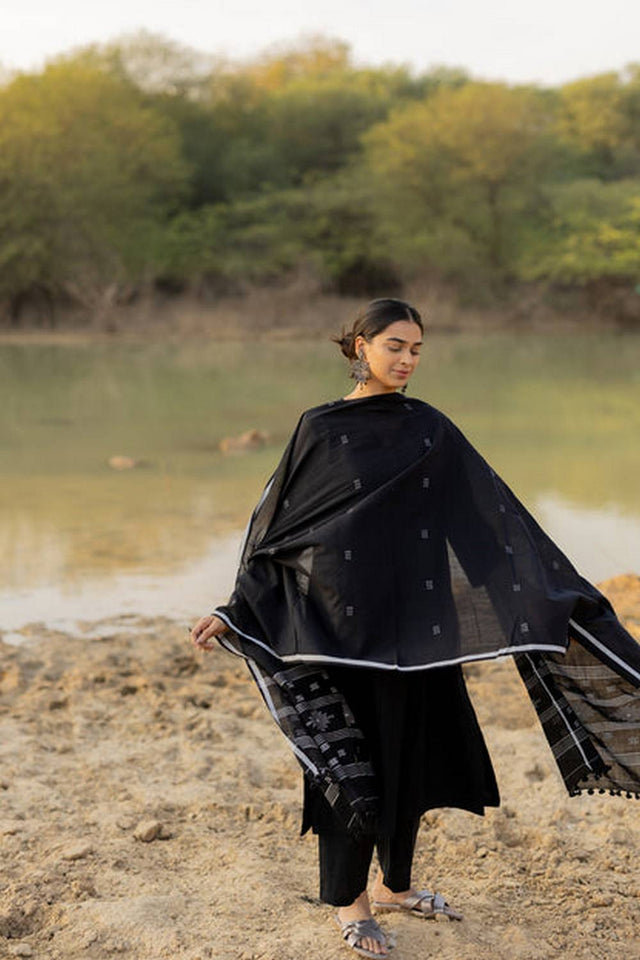 Black Solid Chanderi Kurti Pant Set