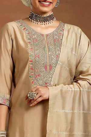 Cream Embroidered Chanderi Straight Cut Suit Set