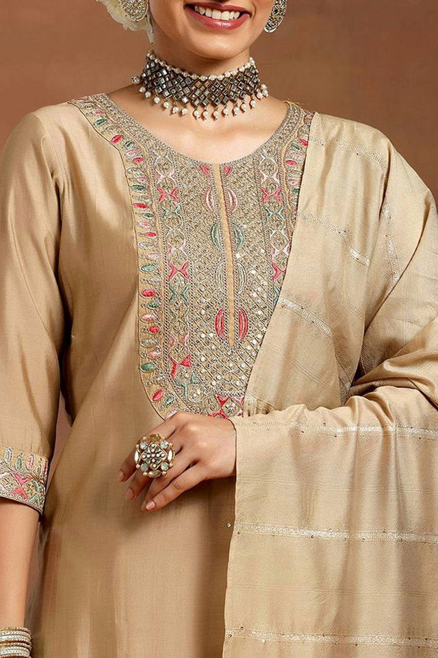 Cream Embroidered Chanderi Straight Cut Suit Set