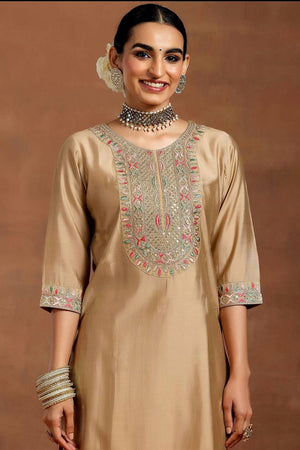 Cream Embroidered Chanderi Straight Cut Suit Set