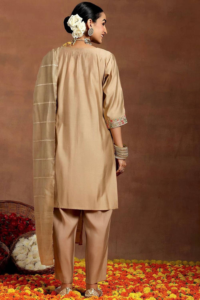Cream Embroidered Chanderi Straight Cut Suit Set