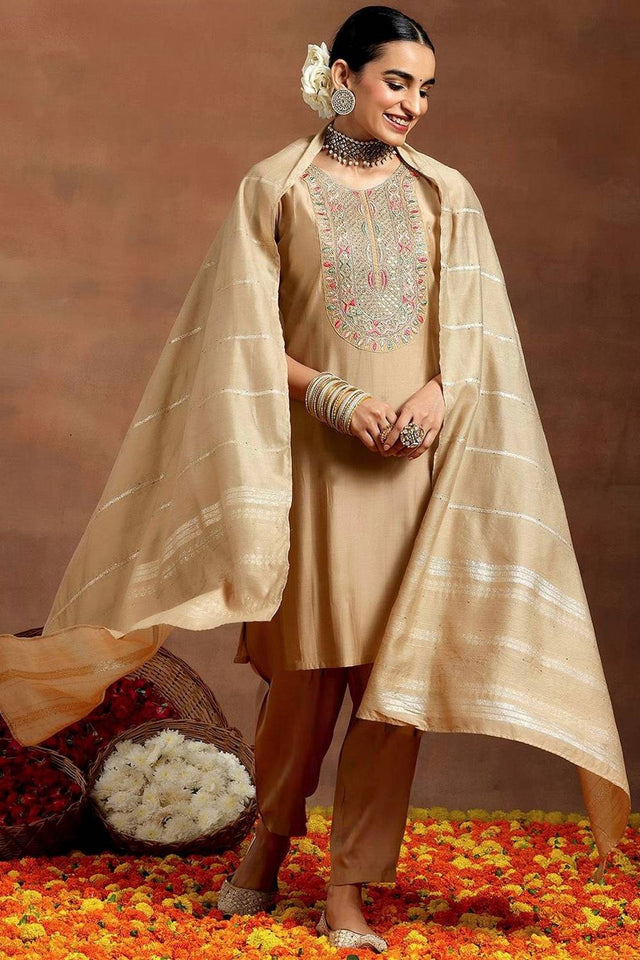 Cream Embroidered Chanderi Straight Cut Suit Set
