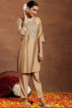 Cream Embroidered Chanderi Straight Cut Suit Set