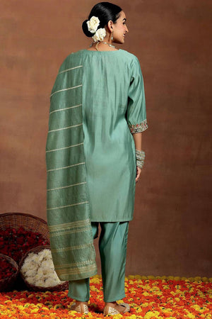 Green Embroidered Chanderi Straight Cut Suit Set