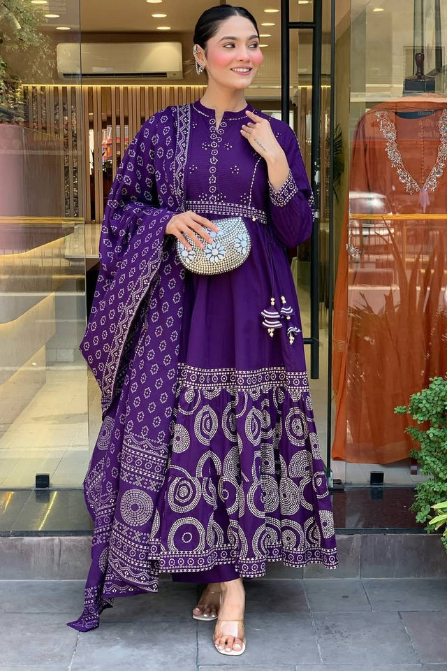 Violet Bandhani Printed Muslin Anarkali Suit Set
