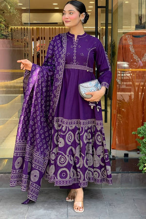 Violet Bandhani Printed Muslin Anarkali Suit Set