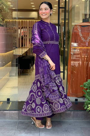Violet Bandhani Printed Muslin Anarkali Suit Set