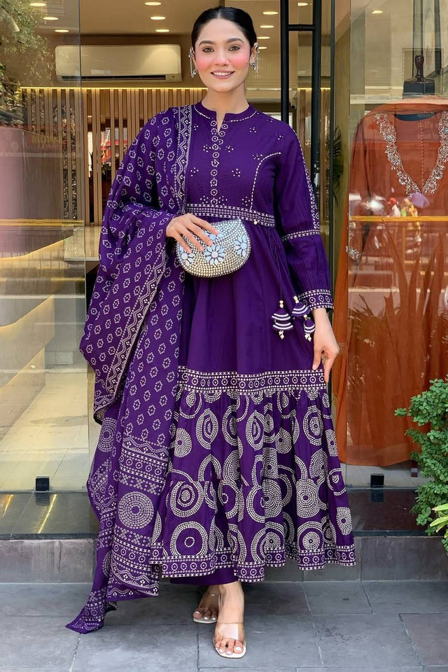 Violet Bandhani Printed Muslin Anarkali Suit Set