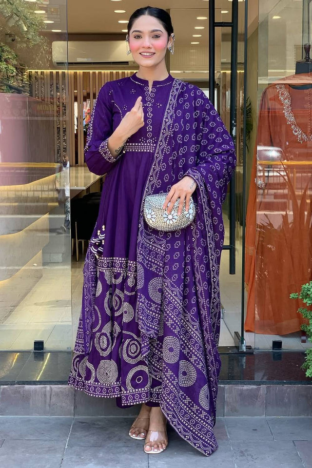 Violet Bandhani Printed Muslin Anarkali Suit Set