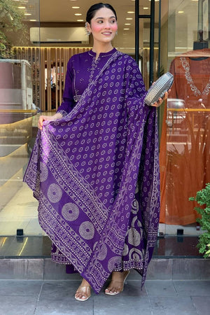 Violet Bandhani Printed Muslin Anarkali Suit Set