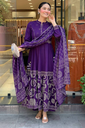 Violet Bandhani Printed Muslin Anarkali Suit Set