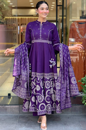 Violet Bandhani Printed Muslin Anarkali Suit Set