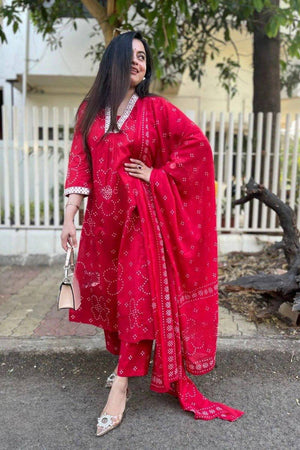 Pink Bandhani Printed Rayon Anarkali Suit Set