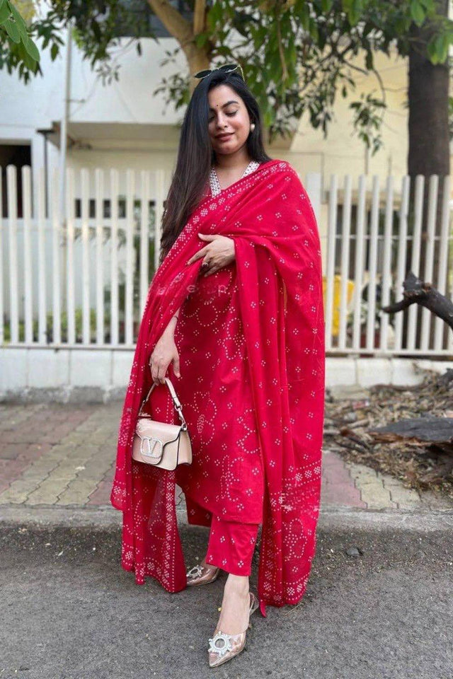 Pink Bandhani Printed Rayon Anarkali Suit Set