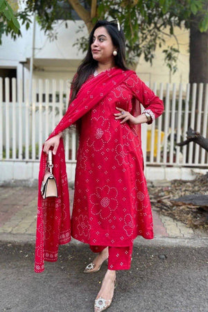Pink Bandhani Printed Rayon Anarkali Suit Set