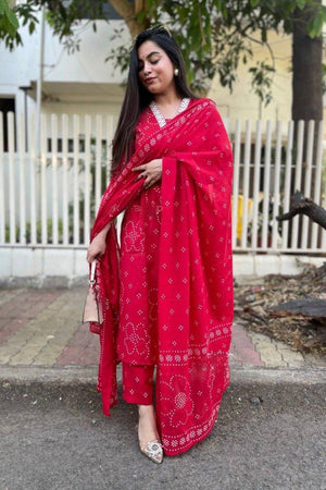 Pink Bandhani Printed Rayon Anarkali Suit Set