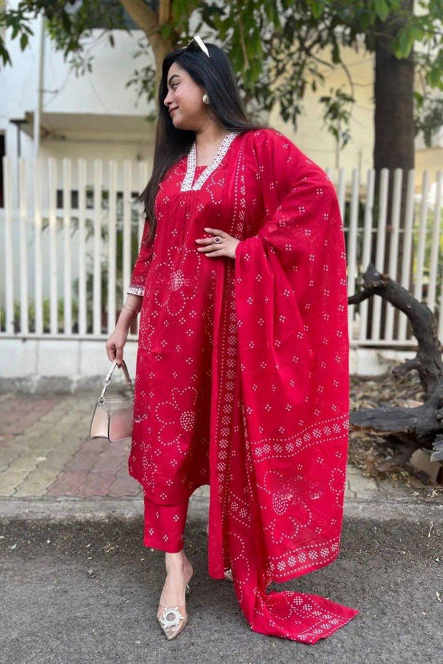 Pink Bandhani Printed Rayon Anarkali Suit Set