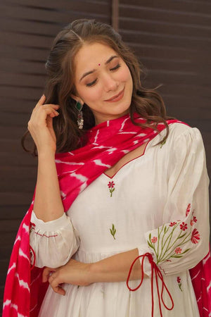 White Floral Embroidered Chanderi Anarkali Suit Set